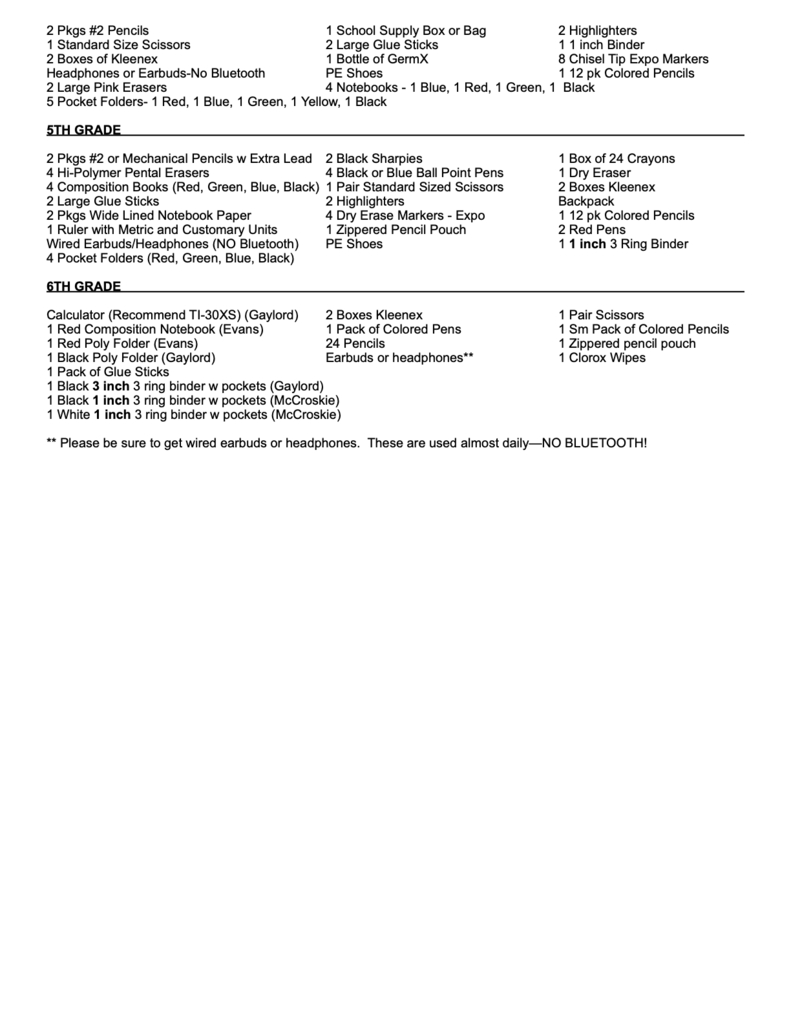2026-2027 School Supply Lists Page 2