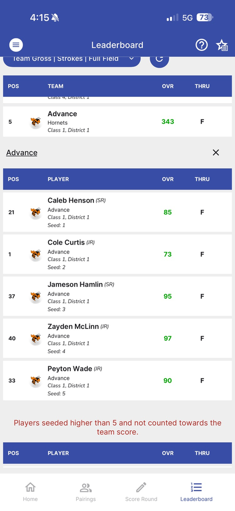 individual scores AHS golf