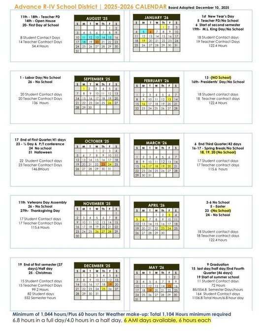 2025-2026 Advance R-IV School Calendar