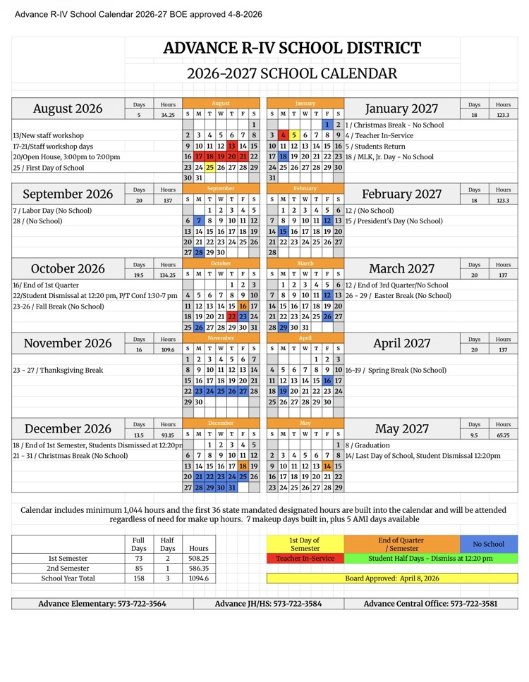 2026-2027 Advance School Calendar