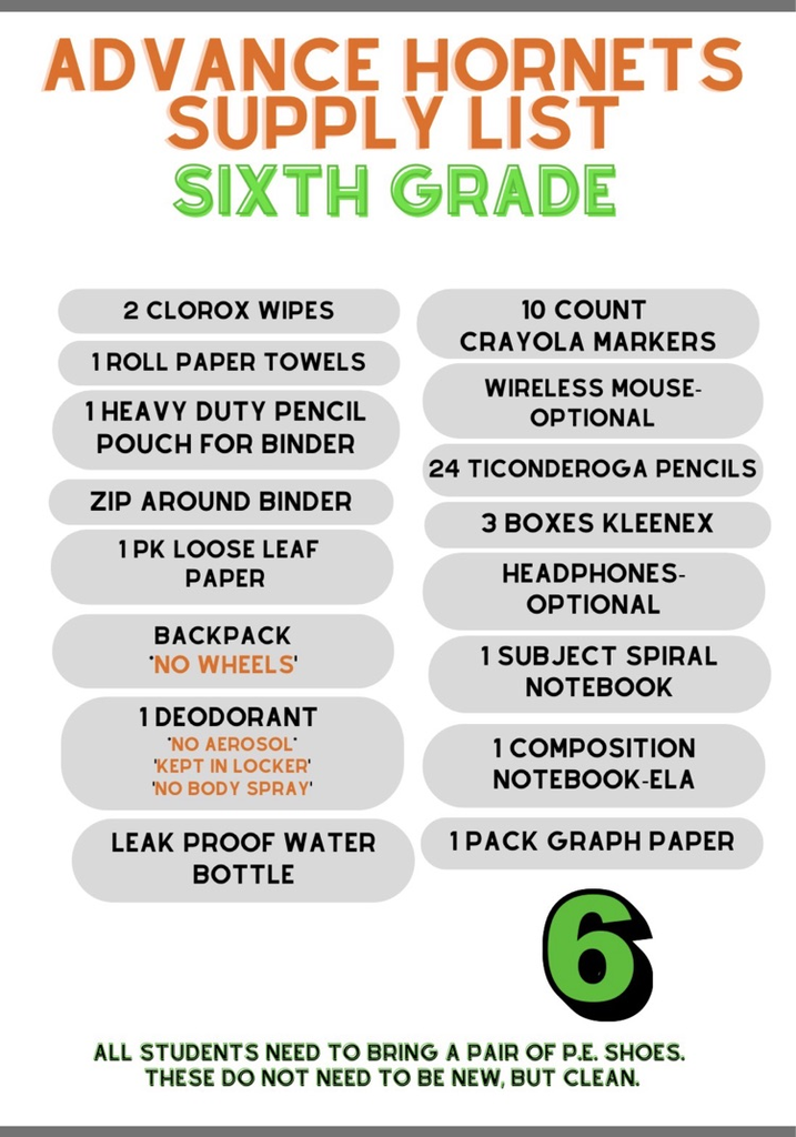 6th grade supplies 