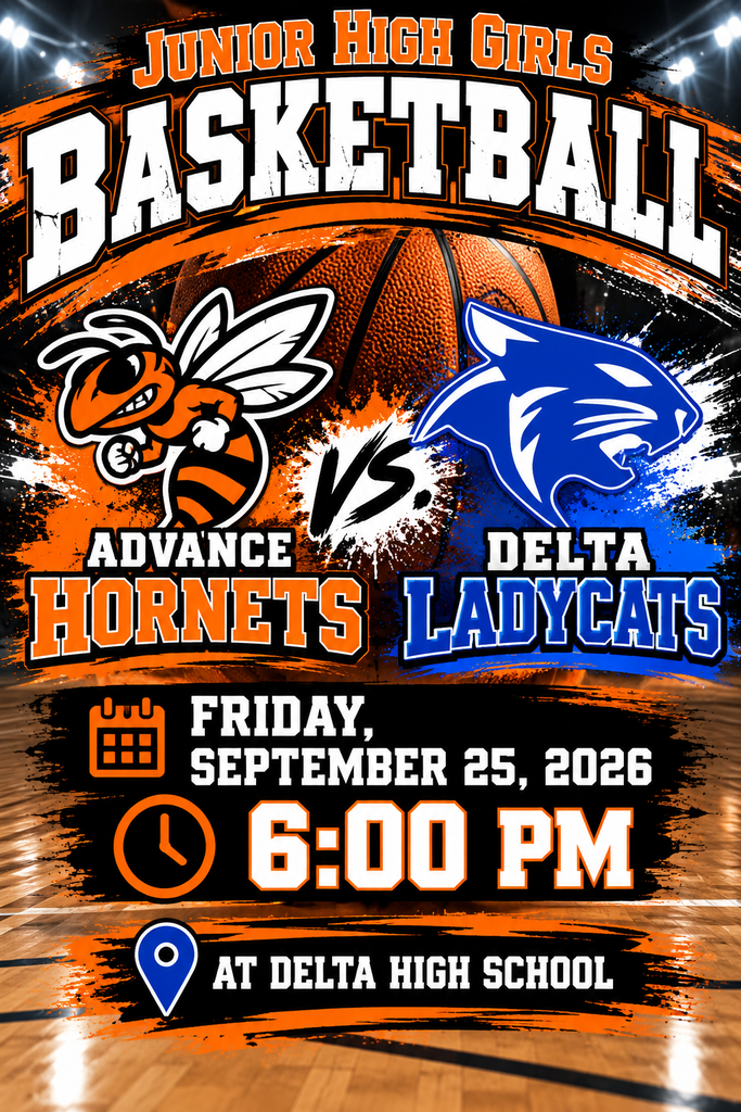 JH Girls Basketball flyer for game at Delta HS on 9-25-26