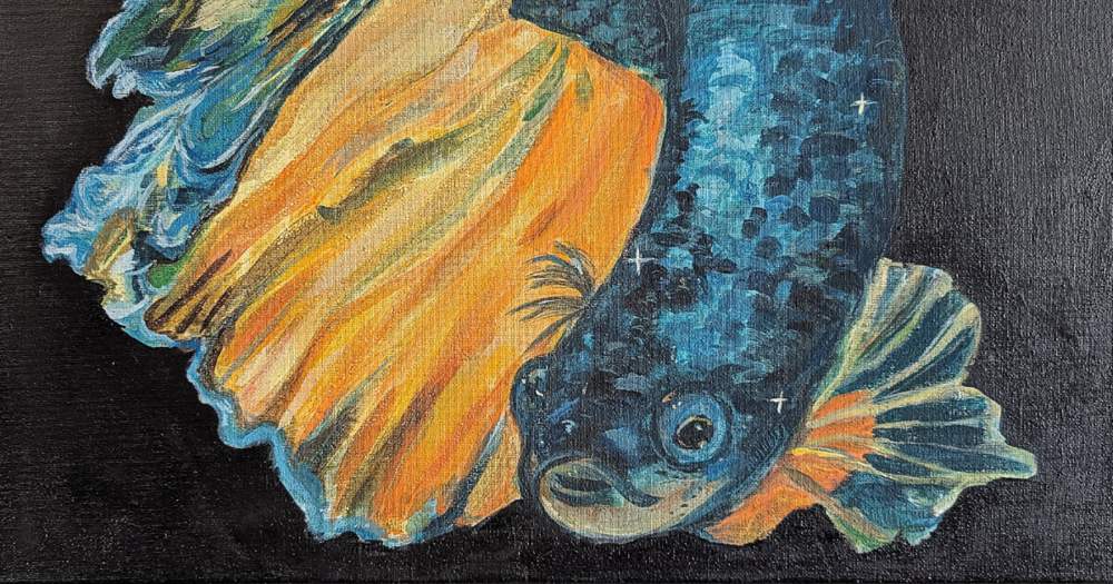 Lauren's acrylic painting titled "Beta Fish" with blue and yellow/orange paints