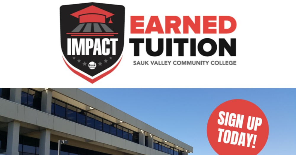 Logo of Sauk Valley Community College's Impact Program logo with graduation hat, campus building exterior image and message Sign Up Today!
