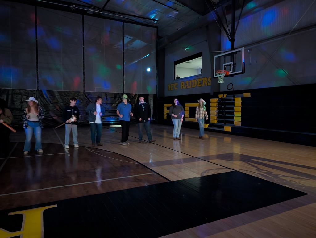 Students in the gym in a line, line dancing
