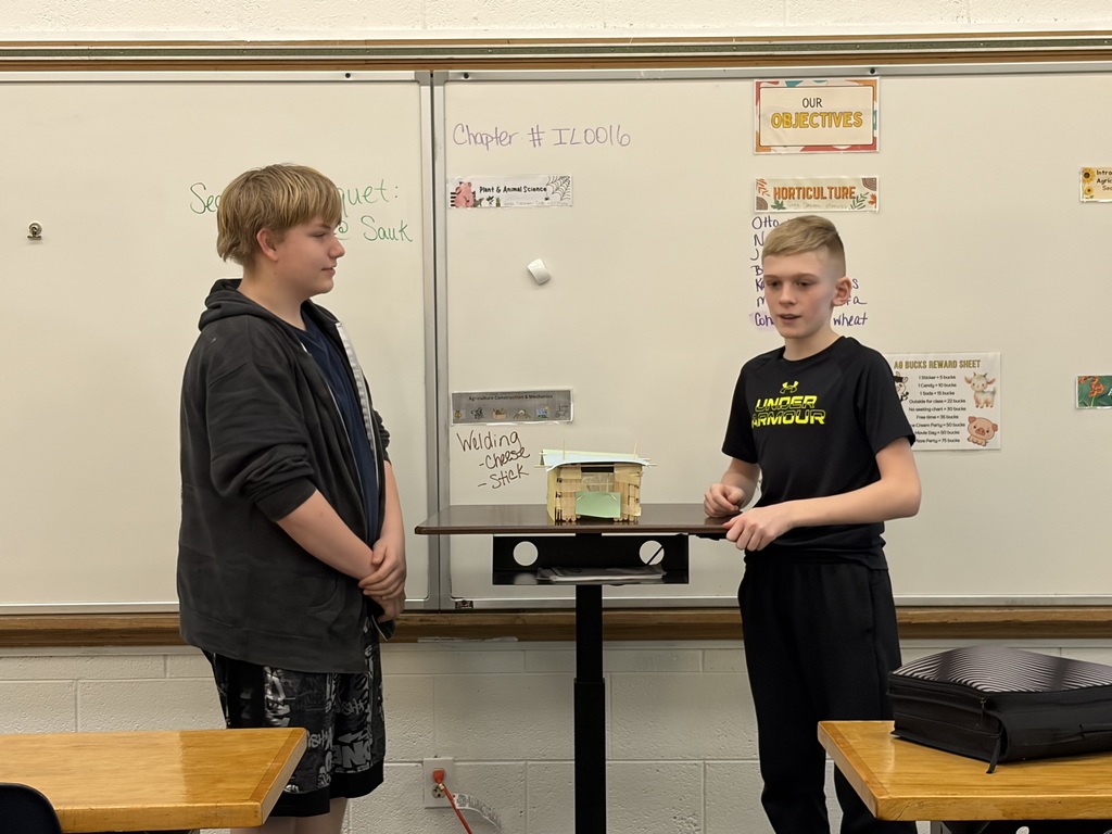 two male students presenting at front of class