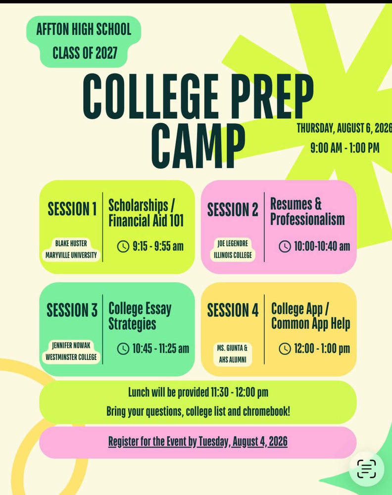 Flyer for Affton High School's College Prep Camp on August 6, 2026, outlining a four-session schedule for the Class of 2027.