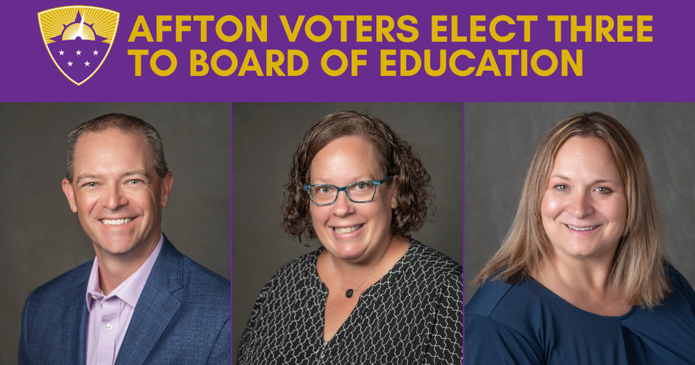Affton Voters Elect Three to Board of Education. Headshots of two women and one man smiling against gray backgrounds.
