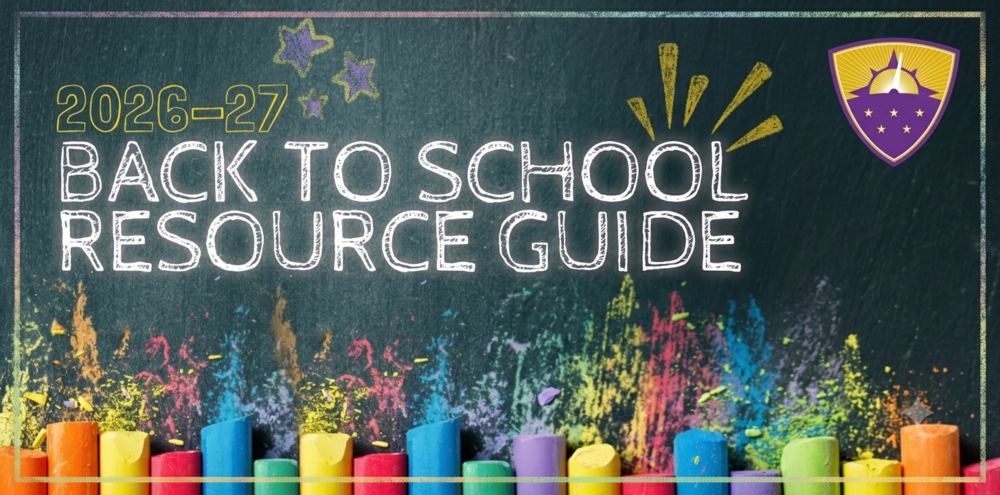 2026-27 Back to School Resource Guide graphic on a chalkboard background with colorful chalk pieces.