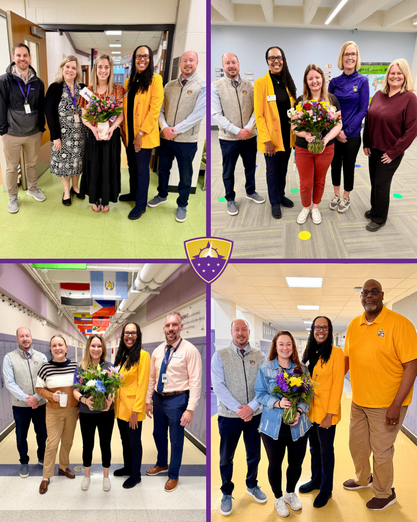 A four-panel photo collage featuring the 2025-2026 Affton Building Teachers of the Year. In each quadrant, a female teacher holding a large bouquet of colorful flowers is surrounded by smiling school administrators in a school hallway or classroom. The Affton School District crest is centered in the middle of the collage.