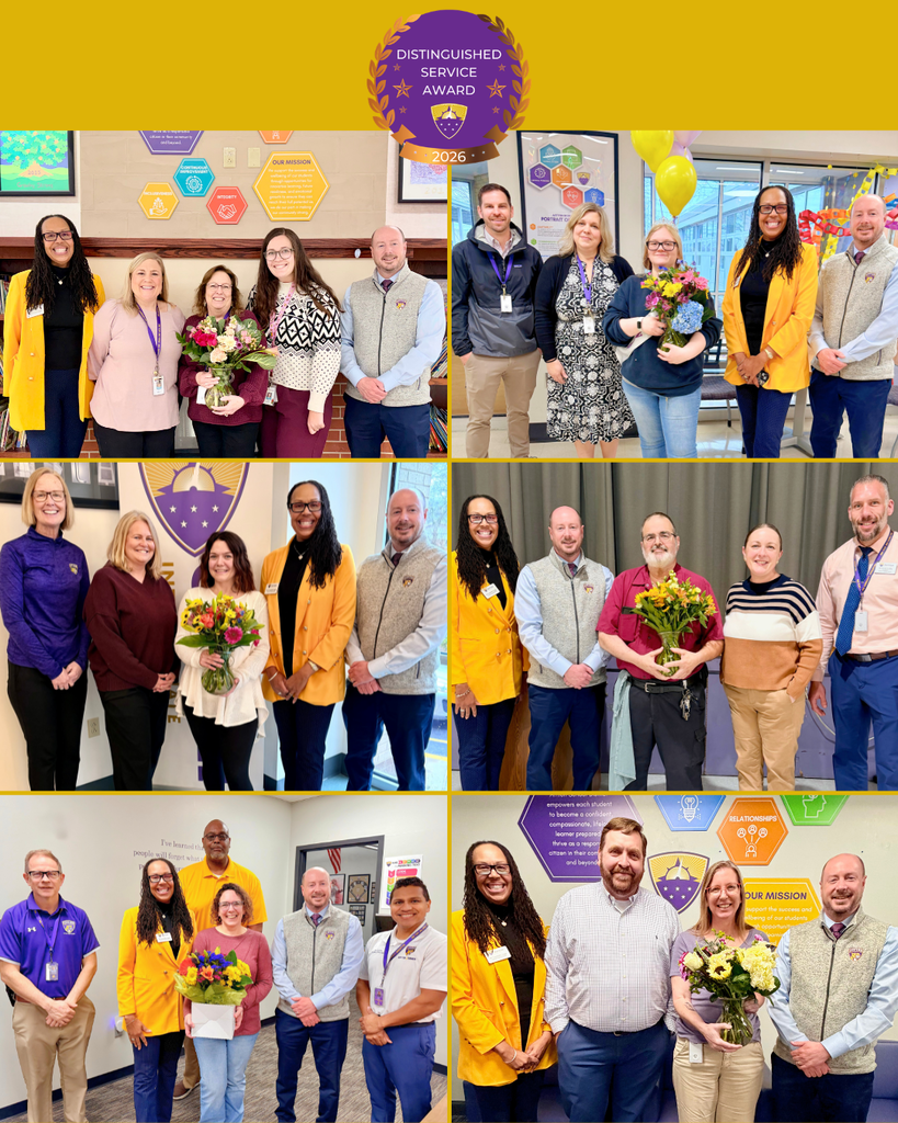 A six-panel photo collage celebrating the 2026 Affton Distinguished Service Award winners. Each panel shows a different staff member—four women and two men—holding a celebratory bouquet of flowers. They are joined by smiling school administrators and colleagues in various settings across the district, including classrooms, offices, and hallways. At the top center of the collage is a gold and purple seal that reads "Distinguished Service Award 2026."