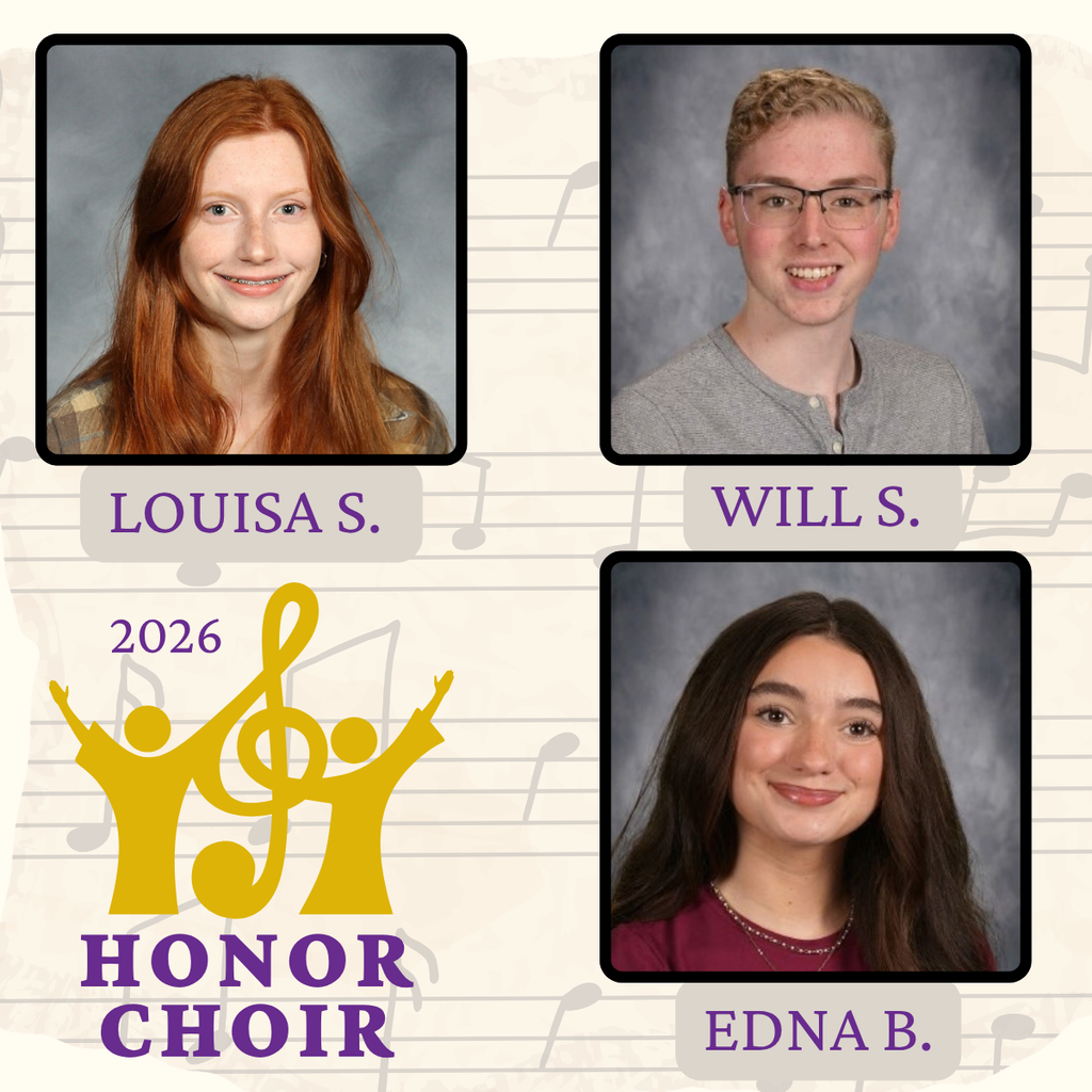 2026 Honor Choir graphic featuring headshots of Louisa S., Will S., and Edna B. alongside a gold musical note logo.
