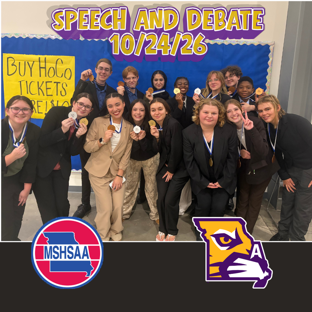 Speech and Debate team posing with medals on 10/24/26, with MSHSAA logo
