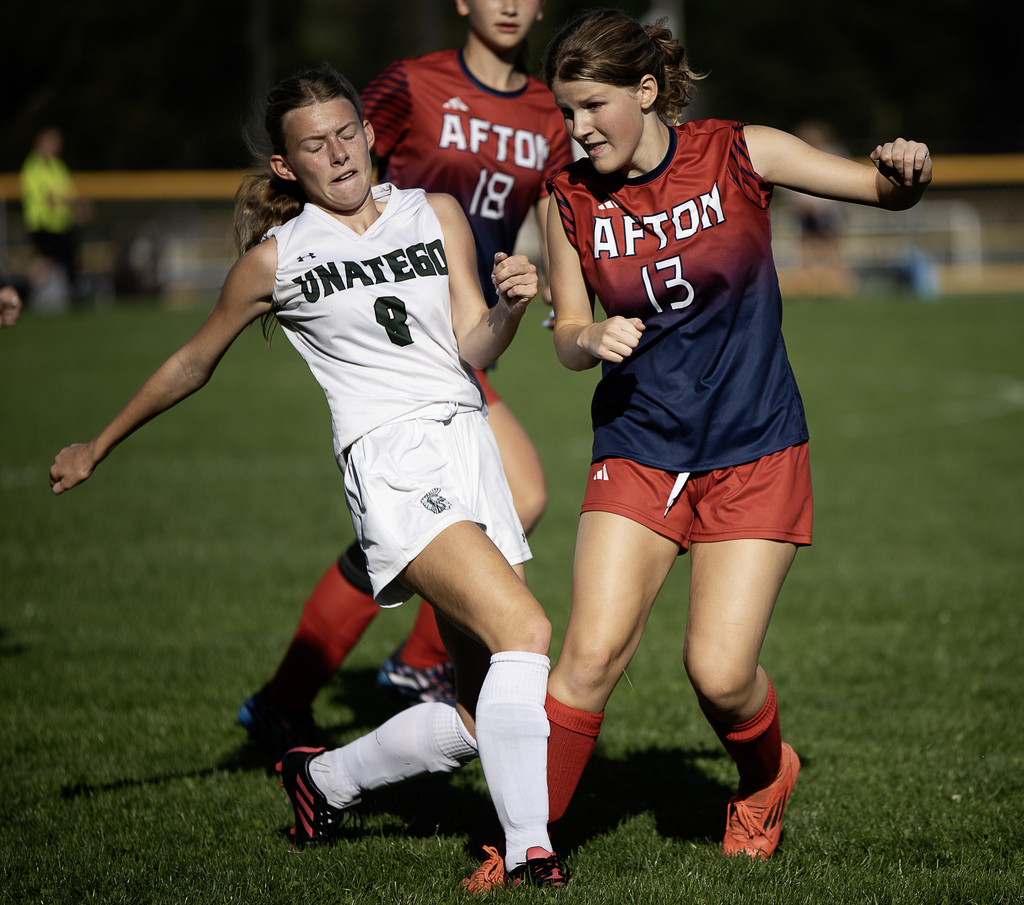 Afton and Unatego players with the ball. 