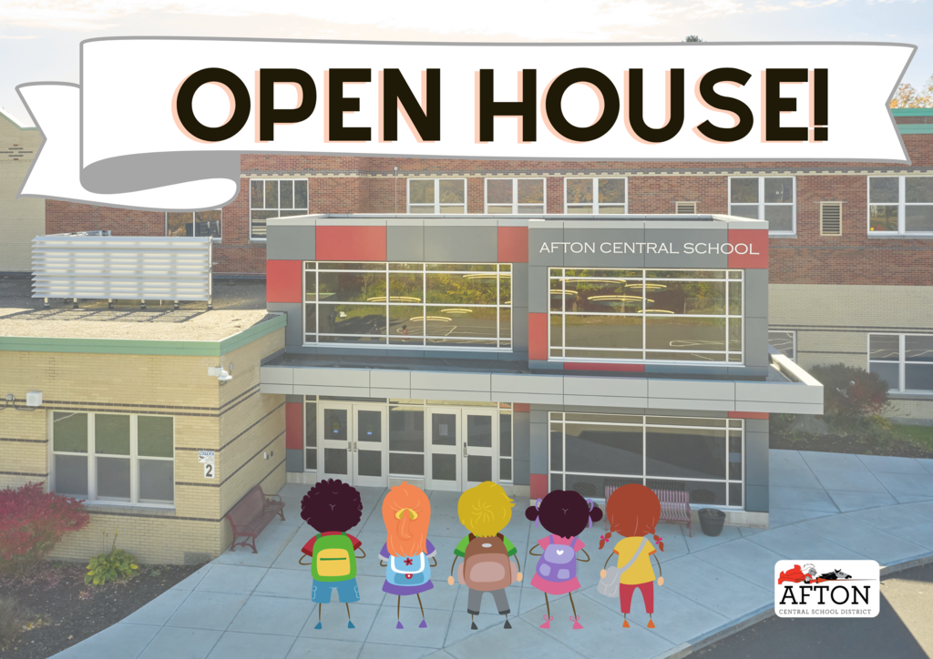 Open House with cartoon kids in front of the school