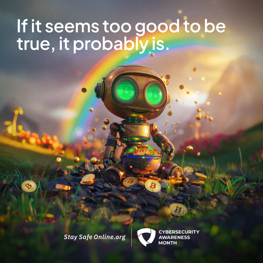 If it seems too good to be true it probably is Cybersecurity Awareness month sponsored by the National Cybersecurity Alliance Stay Safe online.org