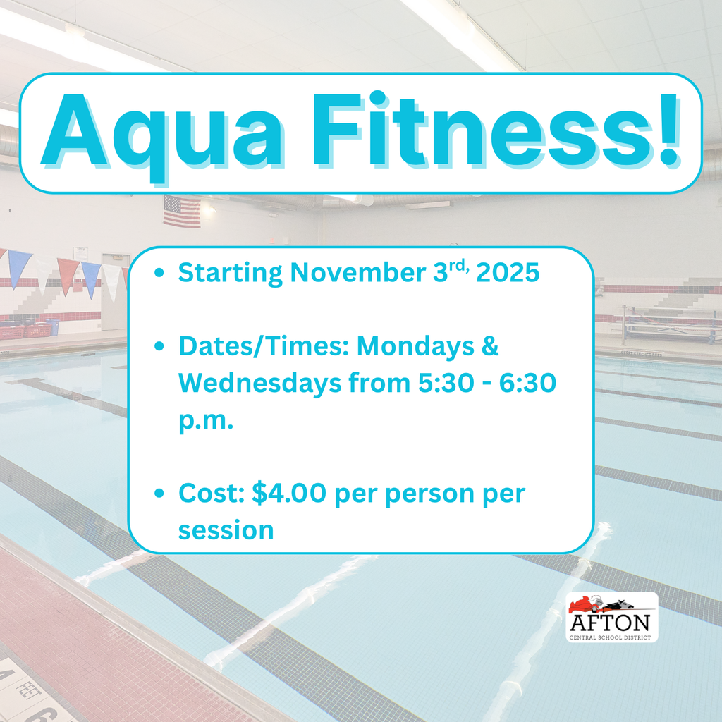Aqua Fitness Starting November 3rd, 2025 Dates/Times Mondays & Wednesdays from 5:30 - 6:30 p.m. Cost $4.00 per person per session
