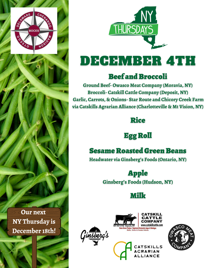 December 4th Beef and Broccoli Rice Egg Roll Sesame Roasted Green Beans Apple Milk