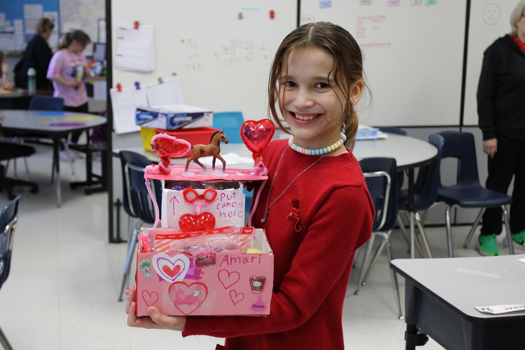Afton student with valentine boxes