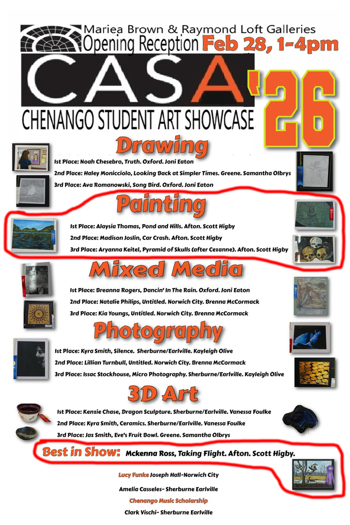 Mariea Brown and Raymond Left Galleries Opening Reception Feb 28, 1-4 p.m. Casa '26 Chenango Student Art Showcase Drawing 1st place Noah Chesebro, Truth. Oxford Joni Eaton 2nd Place: Haley Monicciolo, Looking Back at Simpler Times. Greene Samantha Olbrys 3rd Place Ava Romanowski, Song Bird Oxford Joni Eaton Painting 1st place: Alaysia Thomas, Pond and Hills, Afton Scott Higby 2nd Place: Madison Joslin, Car Crash. Afton Scott Hiby 3rd Place Aryanna Keitel, Pyramid of Skulls After Cezanne Afton Scott Higby Mixed Media 1st Place Breanna Rodgers, Dancin' in the Rain. Oxford Joni Eaton 2nd Place Natalie Phillips, untitled. Norwich City Breanna McCormack 3rd Place Kia Youngs Untitled Borwich City Breanna McCormack Photography 1st Place Kyra Smith Silcnce Sherburne/Earlville. Kayleigh Olive 2nd Place Lillian Turnbull Untitled Norwich City Brenna McCormack 3rd Place: Issac Stockhouse, Micro Phtography Sherburne/Earlville. Kayleigh Olive 3d Art 1st Place: Kenzie Chase Dragon Sculpture. Sherburne Earlville Vanessa Foulke 2nd Place Kyra Smith Ceramics Sherburne Earlville Vanessa Foulke 3rd Place: Jaz Smith Eve's Fruit Bowl Greene Samantha Olbrys Best in Show McKenna Ross Taking Flight Afton Scott Higby Lacy Funke Joseph Hall - Norwich City Amelia Cassels Sherburne Earlville Chenango Music Scholarship Clark Vischi Sherburne Earlville
