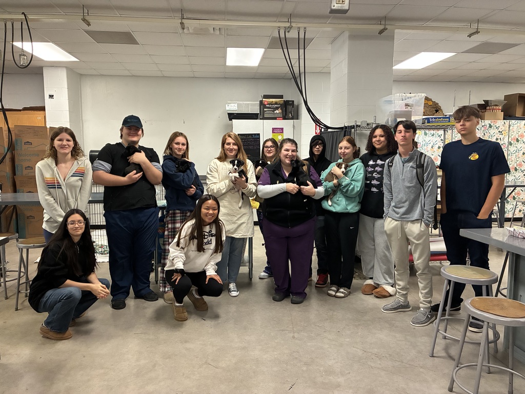 Class photo with puppies