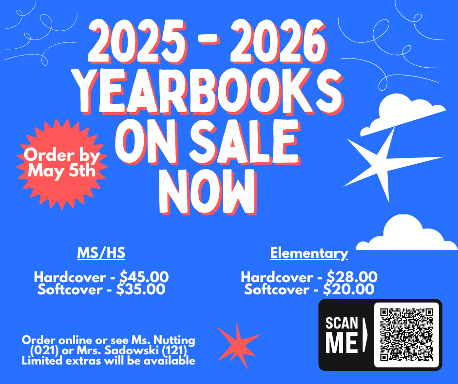 2025 - 2026 Yearbooks on Sale Now Order by May 5th MS/HS Hardcover - $45.00 Softcover - $35.00 Elementary Hardcover -$28.00 Softcover - $20.00 Order online or see Ms. Nutting (021) or Mrs. Sadowski (121) Limited Extras will be available - Scan me with QR code: https://store.shopyearbook.com/AftonCrimsonKnights 