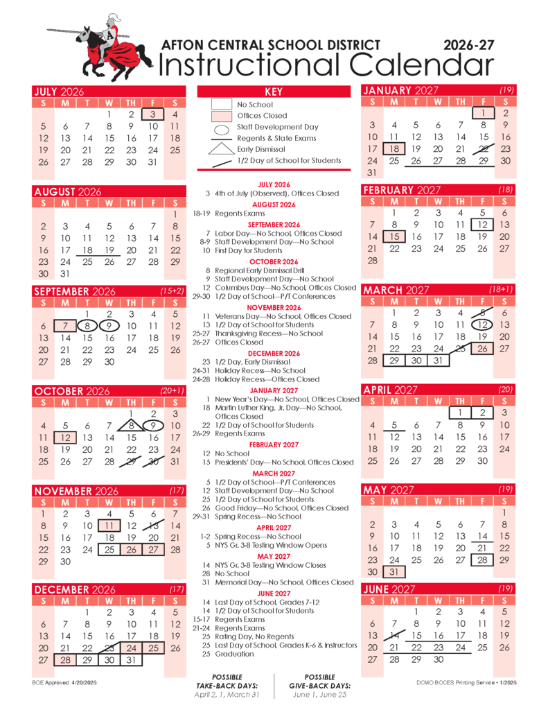 Afton CSD Instructional Calendar Link to the pdf version is here: https://aptg.co/mZNNPt