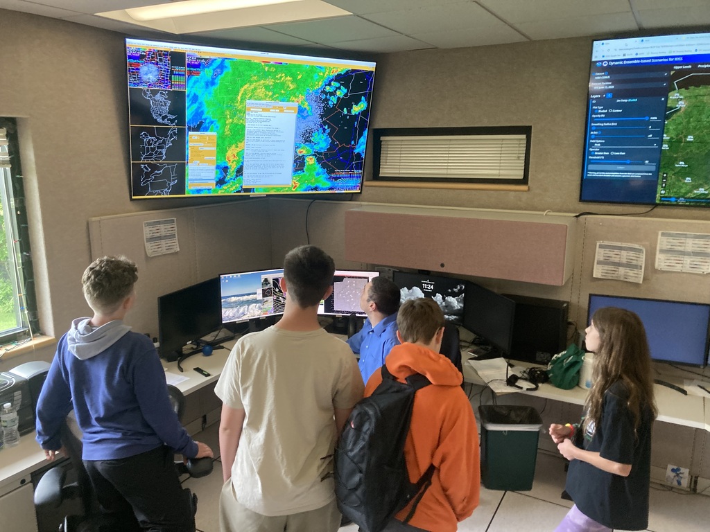 Afton STEP students at the Weather with large weather TV