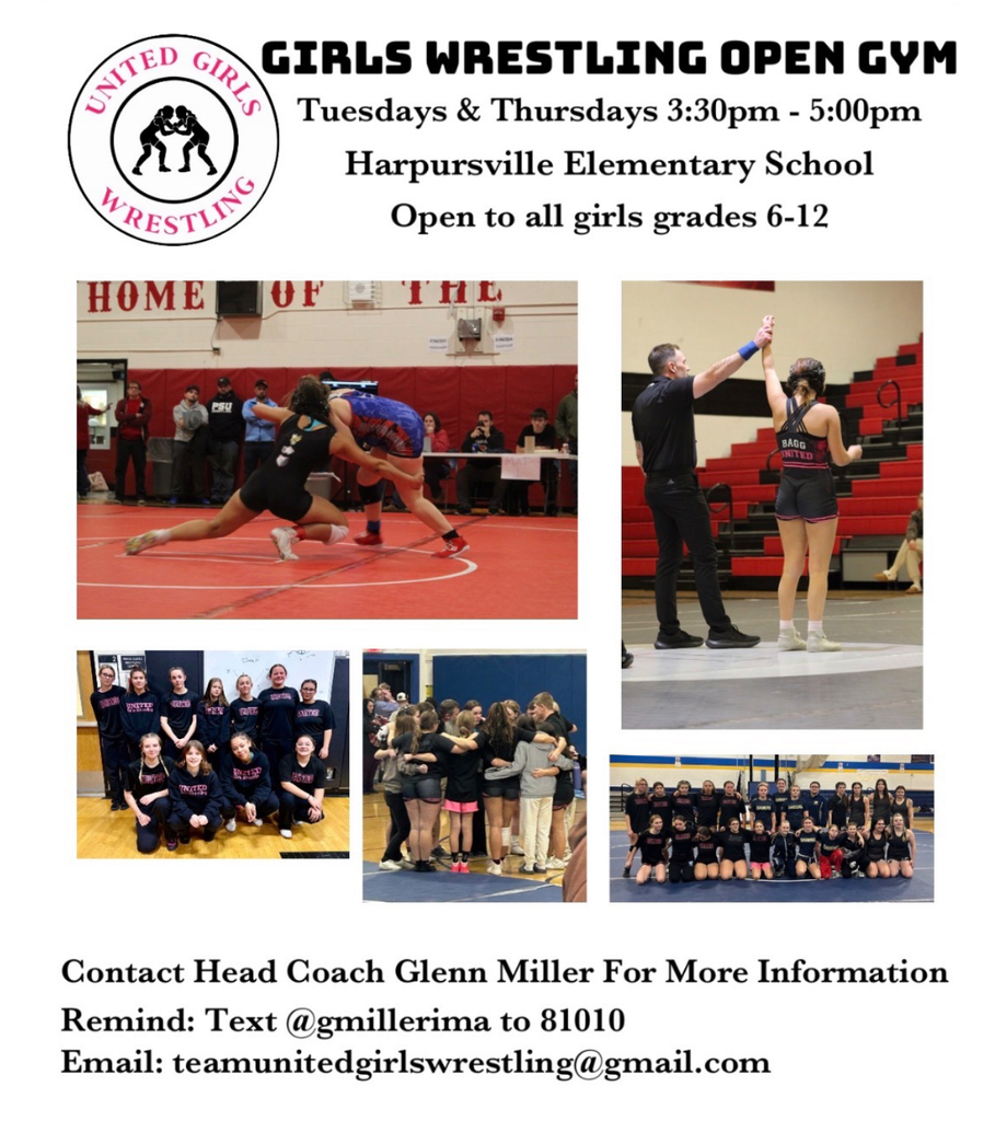 A flyer for girls wrestling open gyms in the Harpursville Elementary School.