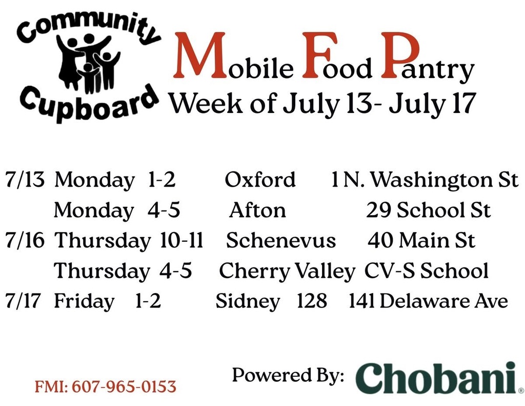 A flyer for this week's Mobile Food Pantry showing the dates, times and locations for each day.