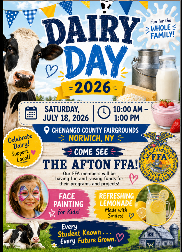 A flyer to promote the Afton FFA participating in Dairy Day on Saturday, July 18.