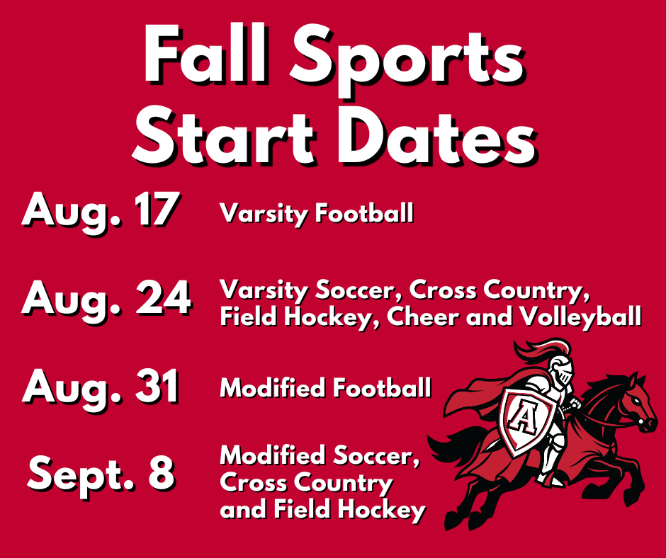 A graphic listing the start dates for each of the district's fall sports teams