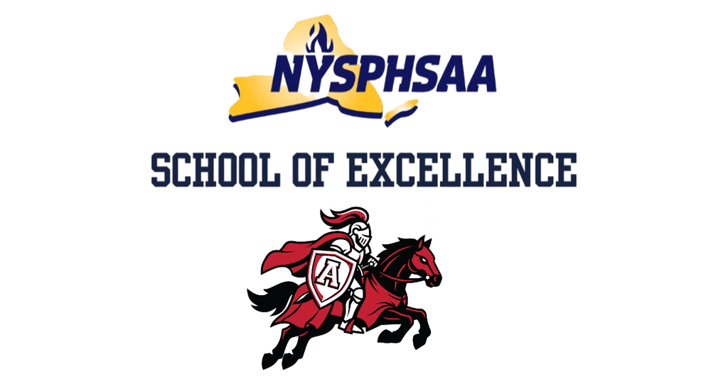 A graphic showing the NYSPHSAA logo with "School of Excellence"  written underneath it and the Afton Crimson Knights logo below the text