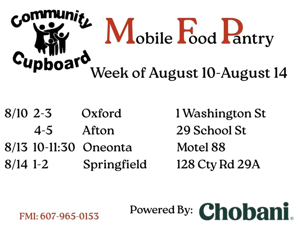 A flyer for this week's Mobile Food Pantry showing the dates, times and locations for each day.