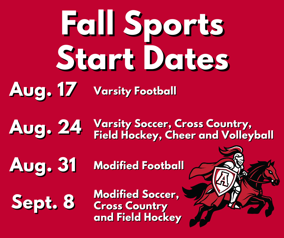 A graphic listing the start dates for each of the district's fall sports teams