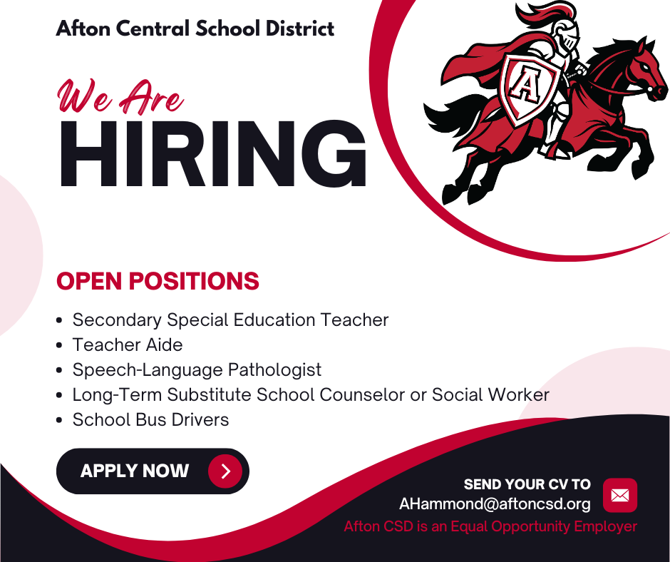 A graphic listing the current open positions at Afton Central School District
