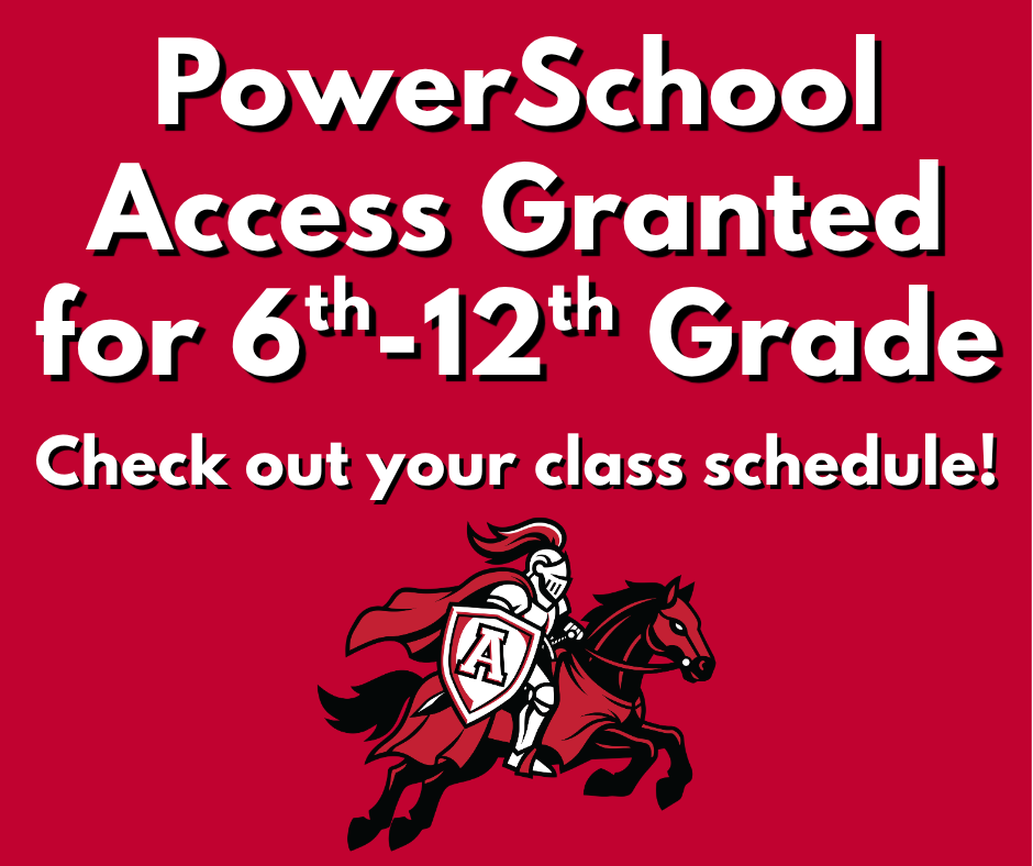 A graphic with text that reads, "PowerSchool access granted for 6th-12th grade. Check out your class schedule!"