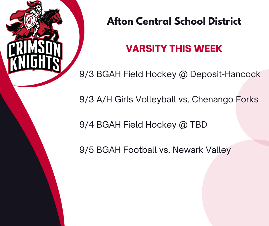 A graphic displaying the schedules for each of the varsity sports teams this week