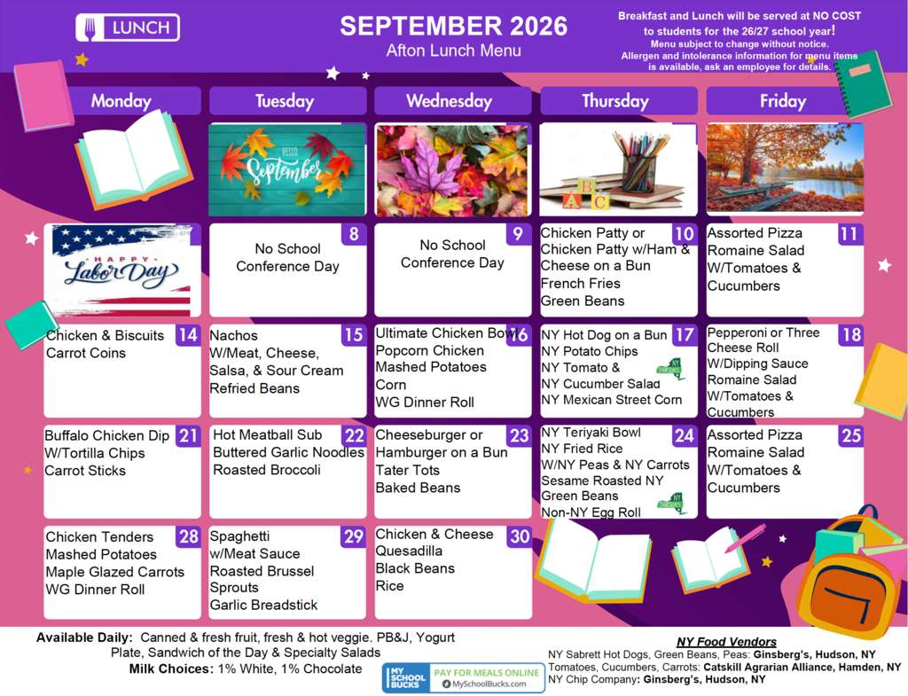 September 2026 lunch menu