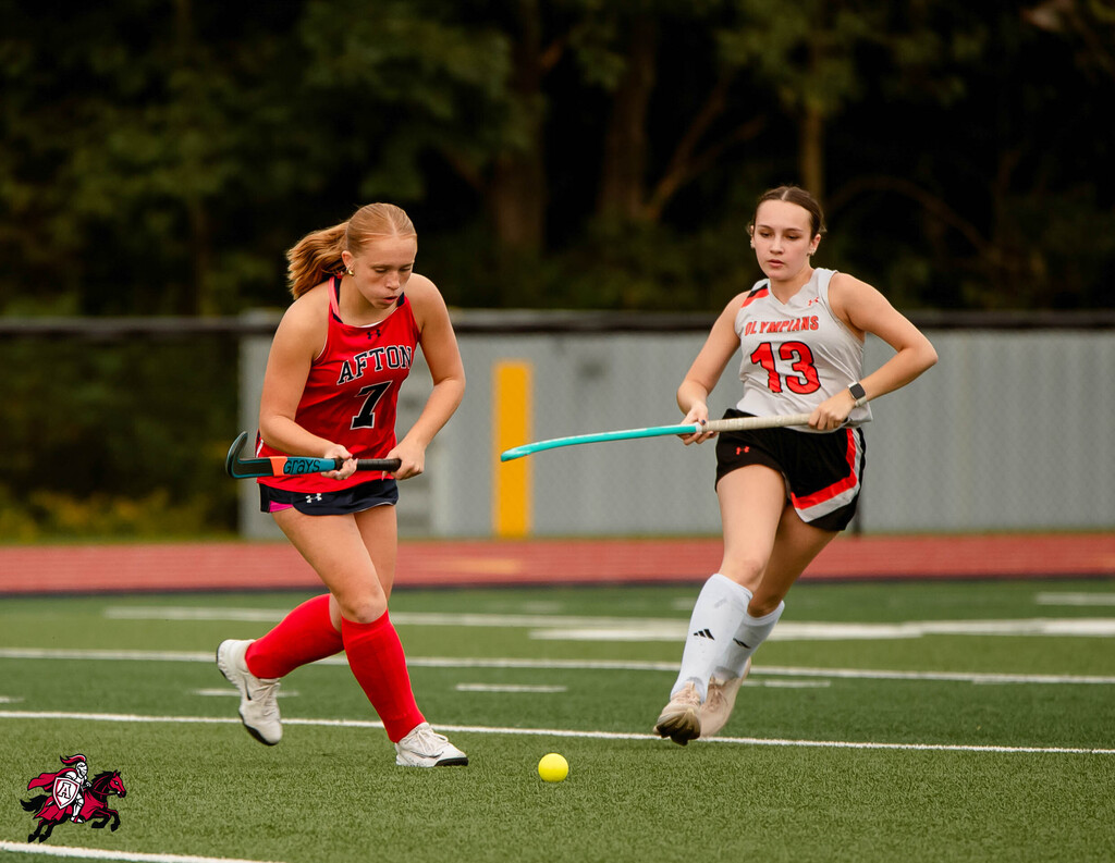 Two players on a field, one in red and one in gray, chasing a yellow ball with hockey sticks.