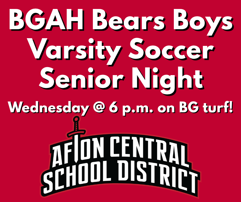 Red background with white text. Event details: BGAH Bears Boys Varsity Soccer Senior Night. Date: Wednesday, 6 p.m. Location: BG turf.