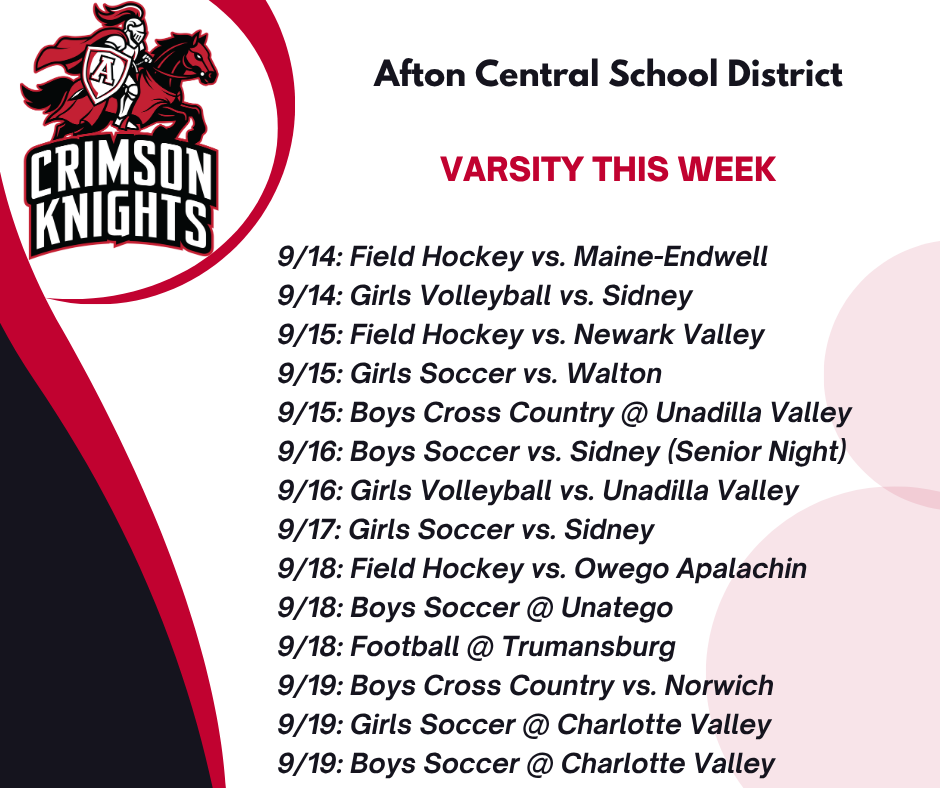 White page with "Crimson Knights" logo. A schedule lists varsity sports events for September 14 to 19, including teams, opponents, and venues.