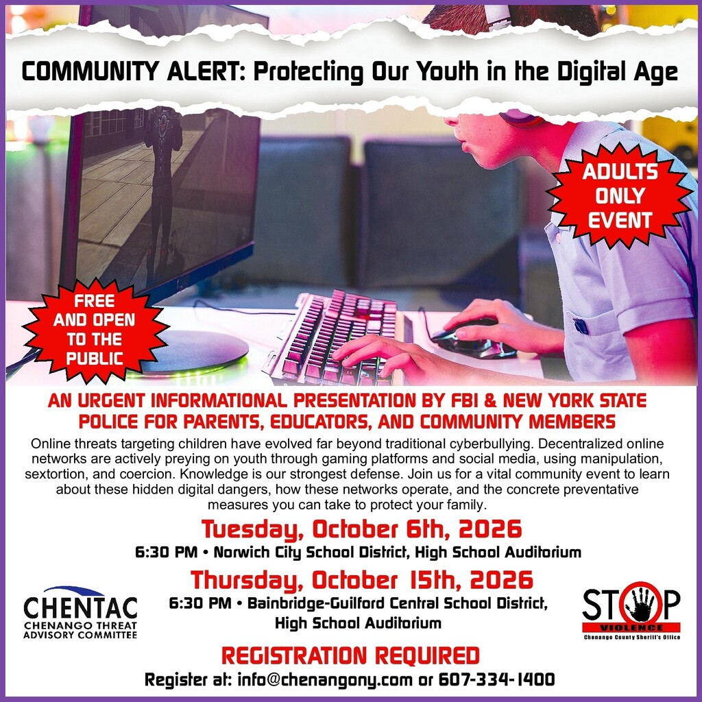 An alert poster with a person typing on a keyboard. It reads "Protecting Our Youth in the Digital Age."