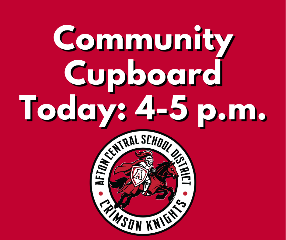 A red background displays a white logo featuring a knight on a horse, with text "Community Cupboard Today: 4-5 p.m."