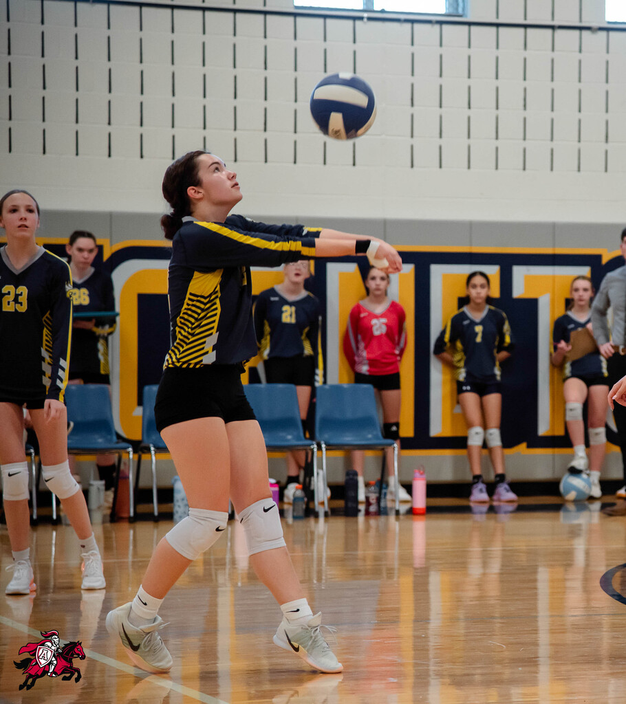 Player in black and yellow jersey serving a volleyball, others watching in a gym with blue chairs.