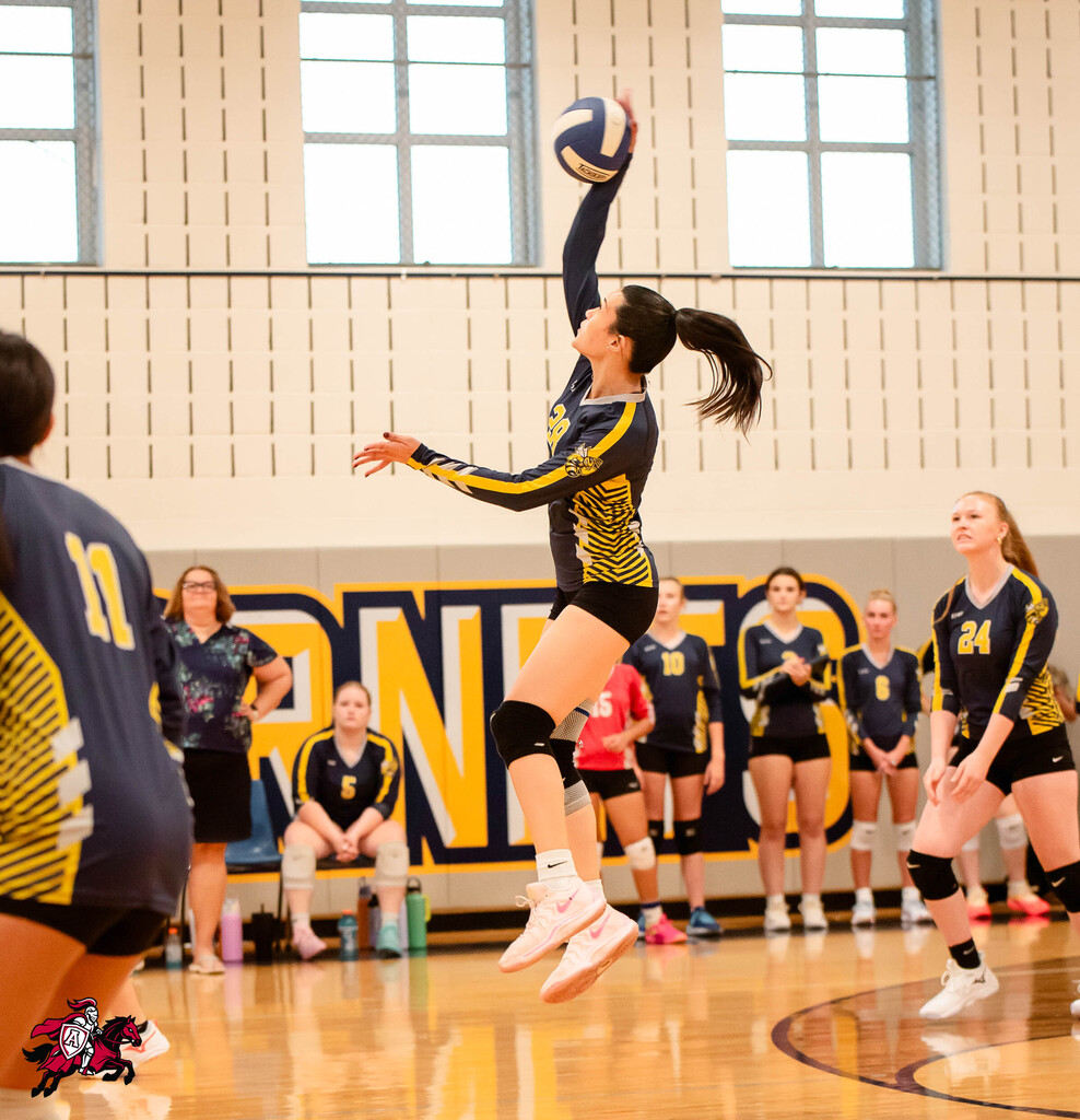 A player leaps in air to spike ball during volleyball match. Wall displays "BURNET".