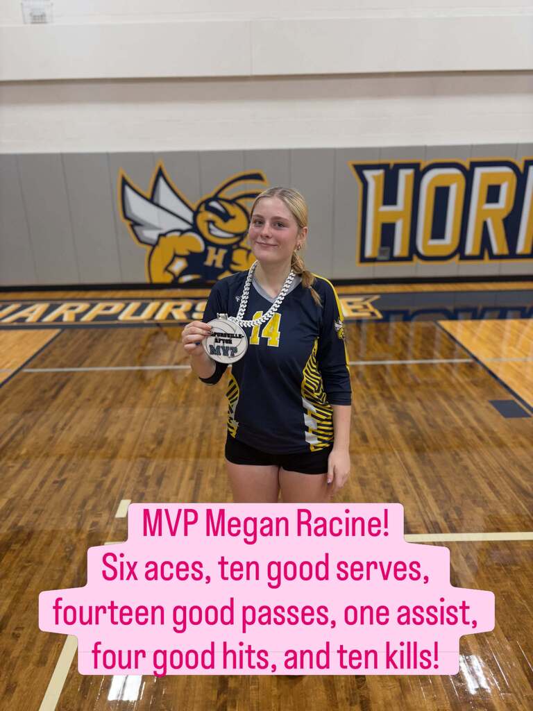 A young woman holds a medal. She wears a black and yellow sports jersey. Text highlights her achievements: six aces, ten good serves, etc. Background shows a gymnasium with a Hornet logo.