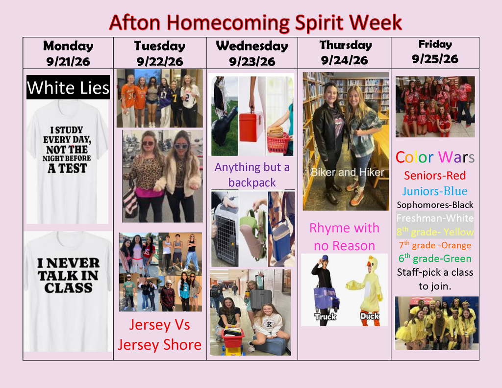 A poster with a pink background displays "Afton Homecoming Spirit Week." It includes themed days like "White Lies," "Jersey Vs Jersey Shore," and "Color Wars."