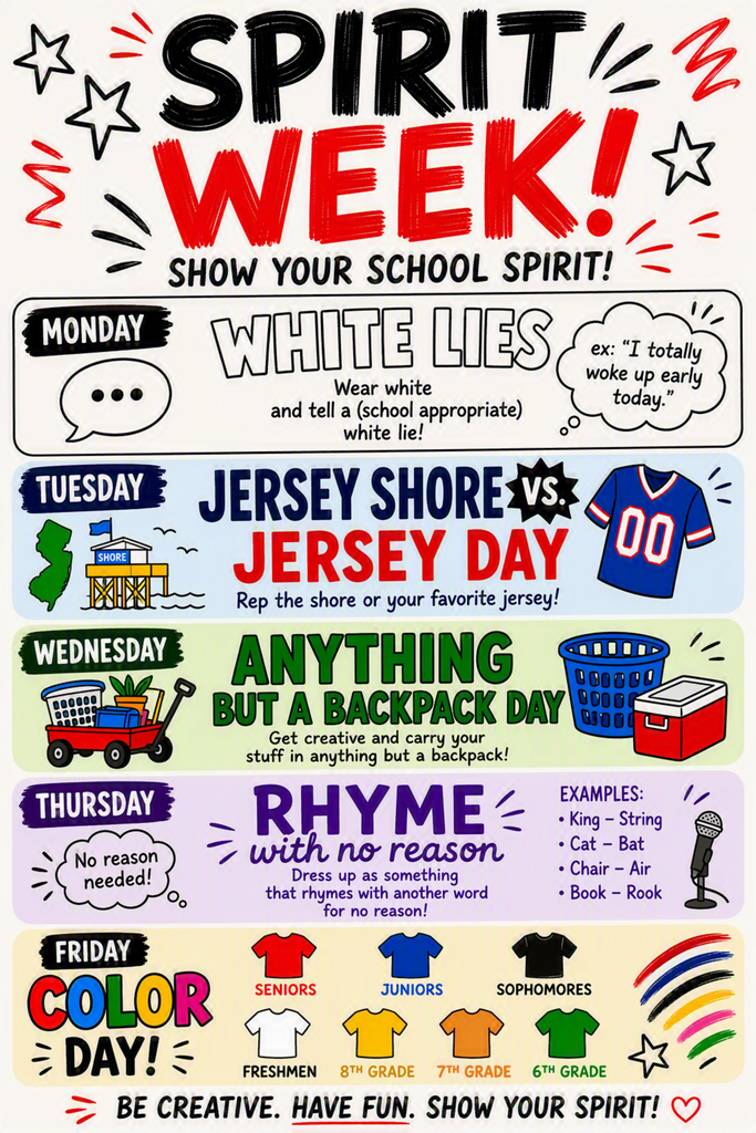 Poster with five colorful blocks, each listing a different day of the week, activities, and instructions for spirit week.