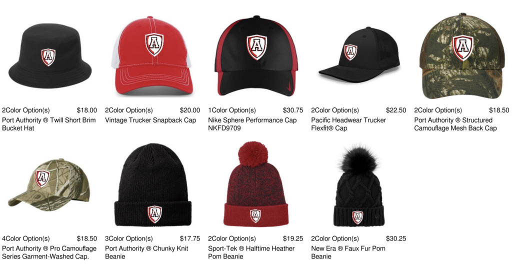A collection of caps and beanies displayed on a white background, each with a logo and price tag.
